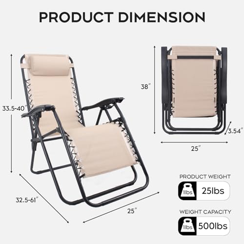 Set of 2 Adjustable Zero Gravity Lounge Chairs Outdoor Recliner w/Cup Holder Tray & Removable Pillows, Ergonomic Reclining Chair for Camping Patio Lawn Balcony (Beige-Brown) - color: Beige-brown