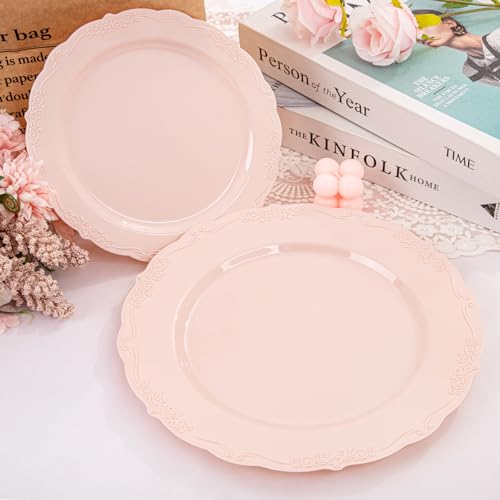 U-QE 100PCS Mauve Pink Plastic Plates - Heavy Duty Pink Disposable Plates for Mothers Day, Party, Baby Shower, Wedding - Serving 50 Guests Include 50PCS 10'' Dinner Plates & 50PCS 7.5'' Dessert Plates - color: Mauve Pink