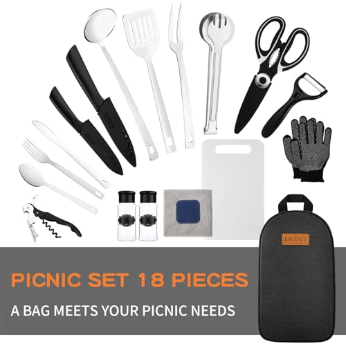 Camping Cooking Utensils Set- Camping Essentials Cookware Accessories Gear Must Haves Camper Tent Camp Kitchen Rv Gadgets Outdoor Stove Portable Picnic Gifts for Women BBQ Stuff - color: Black