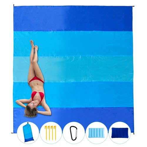 Best Season Beach Blanket Extra Large 108"*118" with 2 Pillows Waterproof Sandproof Beach Mat Lightweight Compact Quick Drying with 4 Stakes&4 Corner Pockets for 1-8 Adults for Camping Picnic Hiking - color: 5-blue Stripe, size: 108"*118"