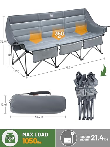 Timber Ridge 3 Person Camping Chair Supports to 1050lbs, Portable Camp Couch Padded Camping Chairs, Outdoor Oversized Folding Loveseat Perfect for Campsites, Patio/Lawn, Soccer Games, Grey - color: 3 Person Grey