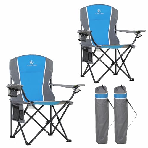 LET'S CAMP Oversized Outdoor Folding Camping Chair, 2 Pack Heavy Duty Arm Chairs with Cup Holder and Storage Bag, 350 LBS Weight Capacity, Blue - color: Blue Grey, size: 2 Packs