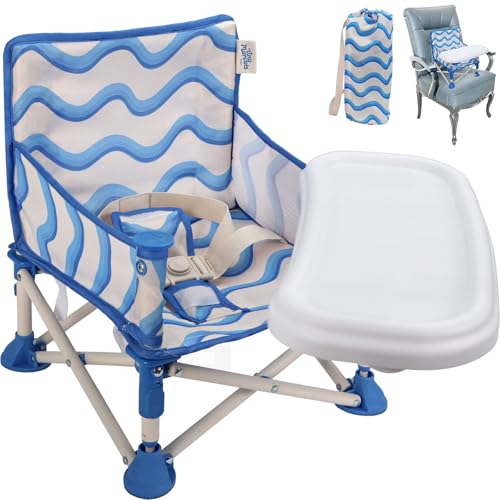 Tiny Marvels 3-in-1 Portable Baby Chair, Foldable Booster Seat with Removable Tray, Safety Harness & Carry Bag for Dining, Travel, Camping, Beach, 6M-3Y (Big Waive) - color: Big Waive