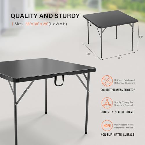 VINGLI 38" Fold in Half Square Table, Bi-Folding Commercial Portable Plastic Dining Table for Kitchen Outdoor Party Wedding Event, Black - color: Black, size: 38 Inches