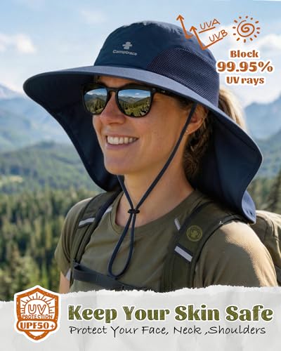 Camptrace Sun Hats for Women Men UPF 50+ UV Protection Wide Brim Hiking Fishing Hat with Neck Flap - color: 06-navy