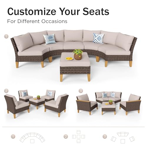 PHI VILLA 7-Piece Curved Patio Furniture Set, Half-Moon Wicker Sectional Furniture Sofa Set for 8 Seats with Cushioned 1 Curved Sectionals, 2 armless Seats, 2 one armrest Sofas and 2 Ottomans, Beige - color: Beige, size: 8 Seats - Curved