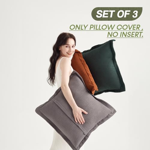 COCO TOP Pack of 3 Vintage Throw Pillow Covers 22x22inch, Textured Corduroy Neutral Soft Pillow Cases with Comfort Colors for Living Room Bedroom Apartment Farmhouse Office（Grey，Dark Green & Rust） - color: Grey/Dark Green/Rust, size: 22" x 22" (Pack of 3)