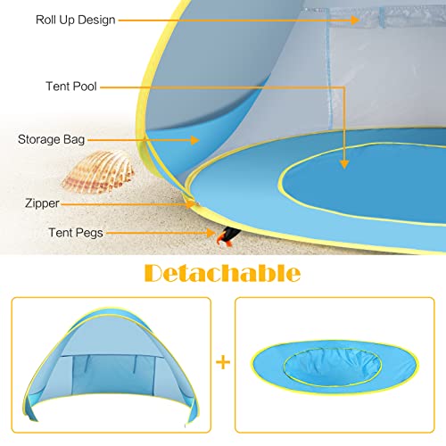 Baby Beach Tent with Pool, Pop Up Sun Shelter UPF 50+ UV Protection for Infant Toddlers, Portable Shade Tent with Carry Bag for Beach Outdoor Travel - color: Blue