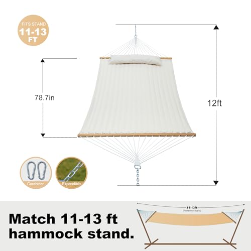 GAFETE Hammock 2 Person Quilted Fabric Hammocks for Outside, Double 12ft Hammocks with Spreader Bar, Large Removable Pillow, Storage Bag, Carabiners, Max 475 lbs Capacity (Dune Beige) - color: Dune Beige