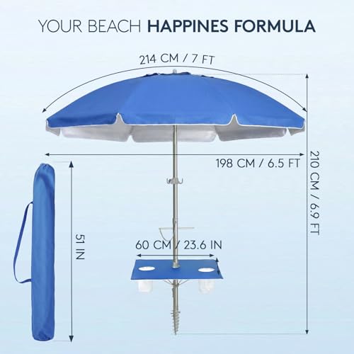 PASAMIC 7ft Beach Umbrella for Sand Featuring a 23'' Built-in Table with Sand Anchor & Tilt, UPF 50+ Protection Beach Umbrellas for Heavy Duty Wind Portable with Carry Bag and Hook, Dark Blue - color: Dark Blue, size: 7FT with Table