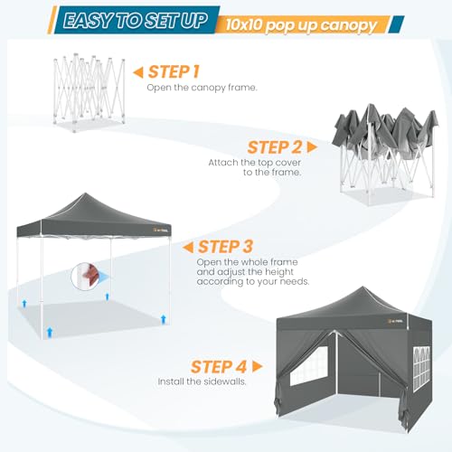 Hoteel 10x10 Pop Up Canopy Tent Heavy Duty with 4 Sidewalls, Waterproof Party Tent, Easy Set-up Commercial Instant Tents with Hand Bag & Rope & Nail, Hexagonal Leg (1-Year Warranty) - color: Gray, size: 10×10 （4 Walls）
