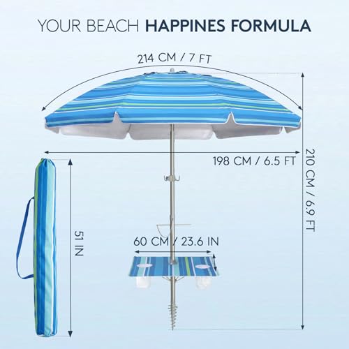 PASAMIC 7ft Beach Umbrella for Sand Featuring a 23'' Built-in Table with Sand Anchor & Tilt, UPF 50+ Protection Beach Umbrellas for Heavy Duty Wind Portable with Carry Bag and Hook, Light Blue Stripes - color: Light Blue Stripes, size: 7FT with Table