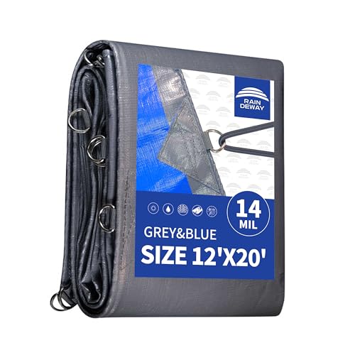 RAINDEWAY Tarps Heavy Duty Waterproof 12x20 Feet -14 Mils Super Heavy Duty Tarp with Metal Rings and Reinforced Corners and Edges, UV Resistant, Multipurpose Poly Tarp,Blue/Gray tarp - color: Gray/Blue, size: 12x20 Feet-Finished size
