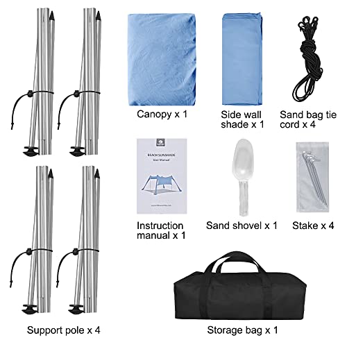 Beach Canopy Tent Shade with Sidewalls 10x10FT, 6.6FT Tall, UPF50+ Sun Shelter, Windproof & Water Resistant, Includes Guylines Sand Shovel Stability Poles, Easy Up for Beach Outdoor Camping Backyard - color: Blue