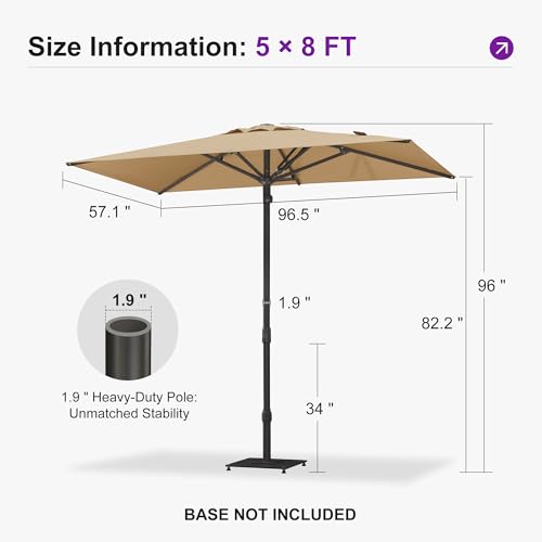 PURPLE LEAF 8' x 5' Rectangular Semi-Auto Outdoor Patio Umbrella Aluminium Market Umbrella Table Sun Umbrella with 1.89" Rod and 6 Sturdy Ribs for Deck Lawn Pool Garden, Beige - color: Beige, size: 5' x 8'