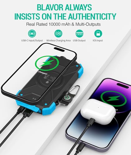BLAVOR Solar Power Bank 10,000mAh, Portable Wireless Charger, 20W Fast Charging External Battery Pack with USB C for Cell Phones, Solar Panel Charging with Dual Flashlight for Camping - color: Blue