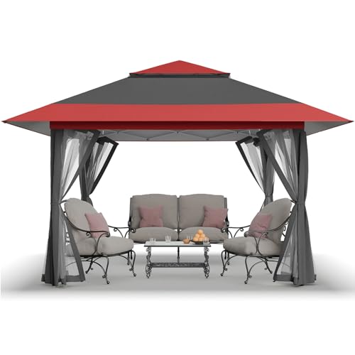 CROWN SHADES 11x11 Pop Up Gazebo, Patented One Push Outoor Canopy Tent with Wheeled STO-N-Go Cover Bag, Pop Up Canopy with Netting for Patio, Backyard (11x11, Red &Grey) - color: Red & Grey, size: 11x11