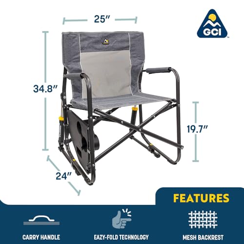 GCI OUTDOOR Freestyle Rocker with Side Table Camping Chair | Portable Folding Rocking Chair with Solid, Durable Armrests, Drink Holder & Comfortable Backrest — Heathered Indigo - color: Heathered Indigo, style: Freestyle Rocker W/ Side Table