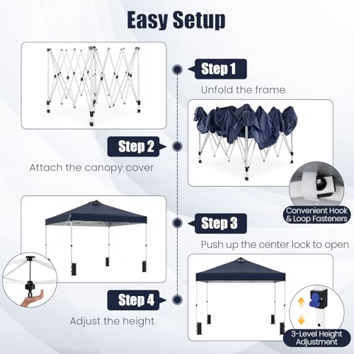 Tangkula 10 x10 Ft Pop Up Canopy with Center Lock, UPF 50+ One-Button Setup Outdoor Canopy Tent with Roller Bag, 4 Sand Bags, Heavy-Duty Steel Frame, 8 Stakes, 4 Ropes for Camping, Picnic - color: Blue