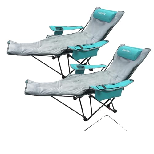 2-Pack Reclining Camping Chair 4 Position with Foot Rest Comfortable for Adults 265Ibs Folding Lounger Mesh Beach Chair with Cooler Bag,Cotton Cushion and Cup Holder for Outdoor Patio - color: Cyan, style: 2-Pack with Cotton Pad