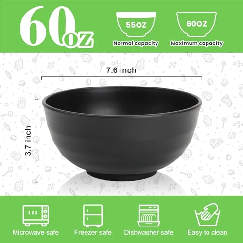 Wheat Straw Bowls Set of 6, Unbreakable Lightweight 60 OZ Salad Bowls for Kitchen and Camping, Big Plastic Bowl for Serving, Cereal, Ramen, Soup, Microwave & Dishwasher Safe, Black - color: Black, size: 60 Oz