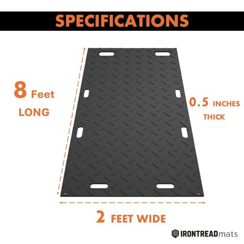 Ground Protection Mat 2’ x 8’ – ½” Thick - Recyclable HDPE Diamond Tread Pattern - Non-Slip Reusable Waterproof - Driveway & Construction Mats for Equipment & Landscaping – 5 Pcs Pack