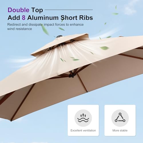 PURPLE LEAF 10' X 13' Double Top Deluxe Wood Pattern Rectangle Patio Umbrella Offset Hanging Umbrella Outdoor Market Umbrella Garden Umbrella, Beige - color: Beige, size: 10'X13', style: Umbrella