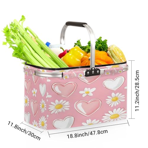 Heart and Daisy Picnic Basket Large Collapsible Market Baskets Portable Reuasble Shopping Bags with Handles for Camping Beach Travel - color: Silver