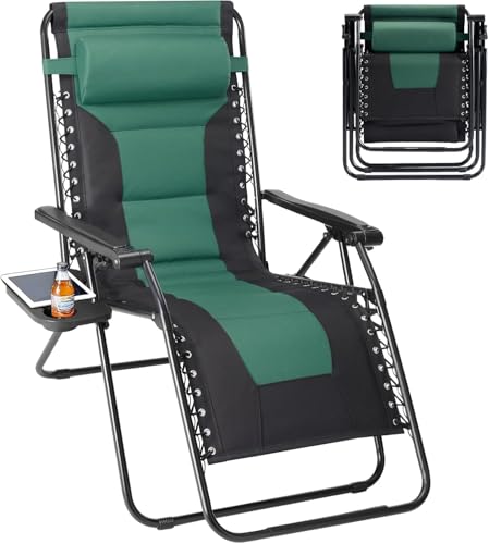Simple Deluxe Relaxing Recliners Patio Chairs Adjustable Steel Mesh Zero Gravity Lounge Chair Beach Chairs with Pillow and Cup Holder, Black Green - color: Black Green, size: 62.2"(L) x 29.13"(W) x 41.73"(H)