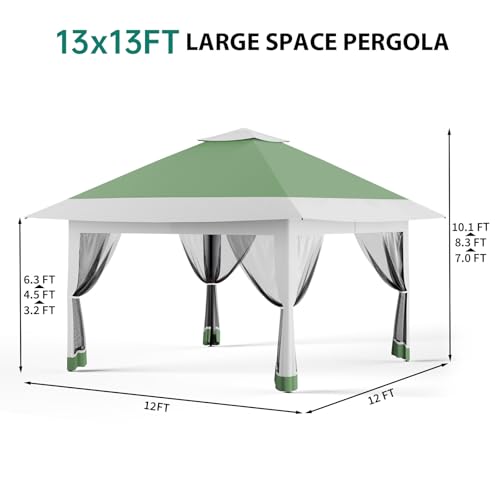 13X13 Pop Up Gazebo,Outdoor Canopy Tent with Mosquito Netting, Double Vented Roof Sun Shelter with Adjustable Heights,Outdoor Gazebo for Backyard & Patio Furniture.(Olive Green + Heather Gray). - color: Olive green + heather gray