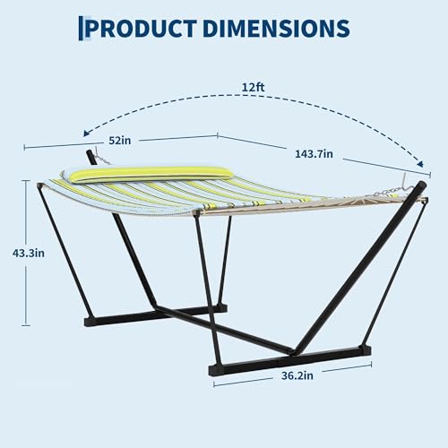 Garvee Double Hammock with Stand for Outdoor, Portable Hammock with Soft Pillow, Balance Ropes, for Patio, Garden, Backyard, Beach - color: Blue Green Stripes