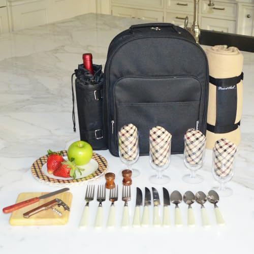 Picnic at Ascot Original Equipped 4 Person Picnic Backpack with Cooler, Insulated Wine Holder & Blanket - Designed & Assembled in USA - color: Black W/London Plaid