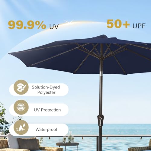 MEWAY 9ft Patio Umbrella Outdoor Table Umbrellas with Push Button Tilt and Crank, Market Umbrella 8 Sturdy Ribs for Deck, Garden, Pool and Backyard, Navy - color: Navy, size: 9ft