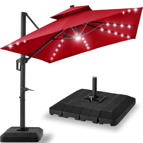 Best Choice Products 9x12ft LED Cantilever Patio Umbrella w/Base Included & 360° Rotation, Large Solar Offset Hanging Outdoor Sun Shade for Deck, Backyard Table w/Stand & Lights – Red - color: Red, size: 9x12ft