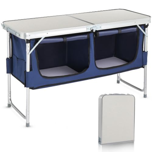 Folding Camping Table with Storage, 3 Height Adjustable, Lightweight, 4 Ft Outdoor Portable Kitchen Aluminum Table for BBQ, Picnic, Hiking, Beach, and Indoor