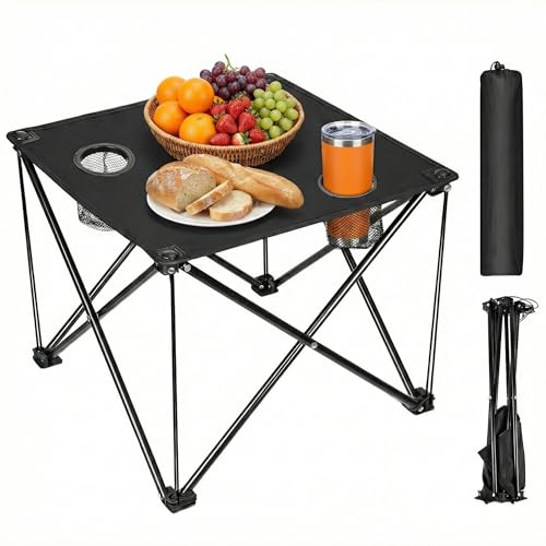 Foldable Camping Table Portable Beach Table Lightweight Picnic Table with Carry Bag Cup Holder Outdoor Travel Desk for Camping Hiking Picnics BBQs Beach Trips (Black)