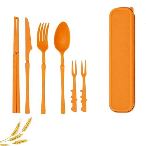 Straw Portable Travel Utensils with Case, Reusable Camping Utensil Sets for Lunch Box Cutlery Set - Plastic Portable Spoon and Fork Set with Case Daily Use Outdoor (Orange) - color: Orange