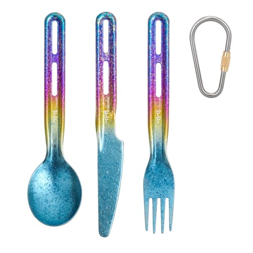 TiTo Titanium 3 Piece Cutlery Set, Ultralight Portabale Titanium Fork Spoon & Knife Tableware for Outdoor Camping Hiking Backpacking Travel Picnic Flatware with Titanium Carabiner (Blue Colorful) - color: Blue Colorful