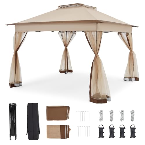 Bezseller 11x11 Pop Up Gazebo with Mosquito Netting – Easy 1-Person Setup, Water-Resistant Backyard Canopy for Family Patio & Garden Use,Khaki - color: Khaki, size: 11"x11"