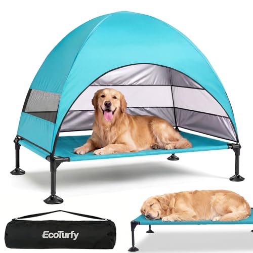 Elevated Dog Bed with Canopy - 3-Sided UV Protection Pet Tent with Wider Shade, Raised Cooling Outdoor Dog Cot with Breathable Mesh for Medium Large Dogs, Portable Pet Bed for Camping, Patio (Aqua, L) - color: Aqua, size: Large