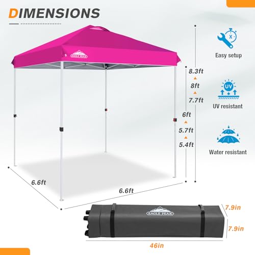 EAGLE PEAK Pop Up Canopy Tent with Wheeled Carry Bag, 8 Stakes, 4 Ropes, Easy Set Up Tent Canopy, 6.6x6.6 ft, Pink - color: Pink, size: 6.6x6.6