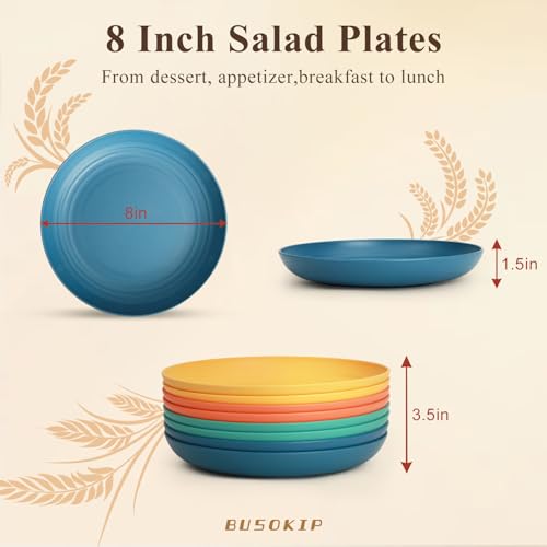 Wheat Straw Plate 8 Inch, Unbreakable Dinner Plates Sets for 8, Plastic Plates Reusable, Microwave and Dishwasher Safe Kitchen Plate for Cake, Dessert, Side Salad - Multi - color: Multicolor, size: 8 Inch
