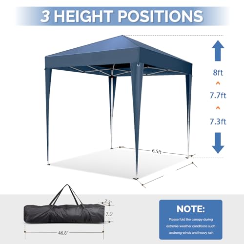 VINGLI 6.5x6.5 Pop Up Canopy Tent, Outdoor Tent Canopies Foldable Portable Canopies for Camping, Patio, Parties, EZ Up Gazebo Canopy with Carry Bag (Blue) - color: Blue, size: 6.5x6.5