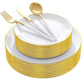 Supernal Elegant White and Gold Plastic Dinnerware Set – Premium Heavy-Duty Disposable Plates & Gold Plastic Silverware for Weddings, Outdoor Parties & Birthdays (Serves 30) - color: 150pcs White and Gold Plastic Dinnerware Set