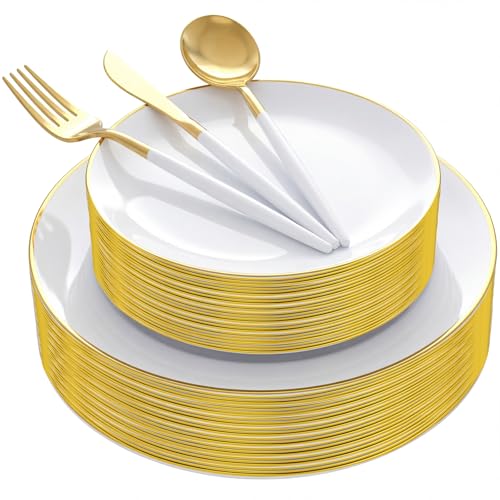 Supernal Elegant White and Gold Plastic Dinnerware Set – Premium Heavy-Duty Disposable Plates & Gold Plastic Silverware for Weddings, Outdoor Parties & Birthdays (Serves 30) - color: 150pcs White and Gold Plastic Dinnerware Set