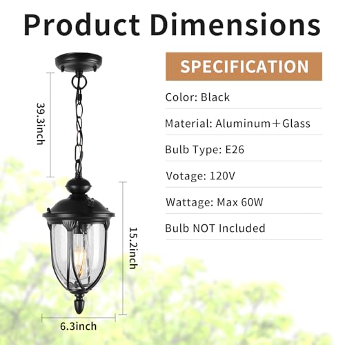 JYZ Vintage Dusk to Dawn Outdoor Hanging Lantern, 15 Inch Rustic Exterior Pendant Light Fixture with Seeded Glass, Antique Black Ceiling Mount Chandelier for Porch, Patio, Gazebo, Entryway JYOPL04 - size: 04-medium
