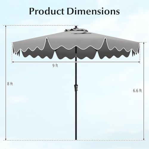 Tangkula 9Ft Patio Umbrella with Crank, 2-Tier Outdoor Umbrella with Push Button Tilt, Sun-Protective Canopy, 8 Ribs, Scalloped Patio Umbrella for Outdoor Beach Deck Pool Table (Gray) - color: Gray, size: 9Ft