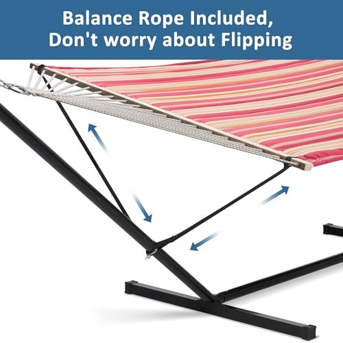 SUNCREAT Outdoor Hammock with Stand, Two Person Quilted Fabric Hammock Swing with 12ft Steel Stand, Red Stripes - color: Red&brown, size: 12 ft Stand