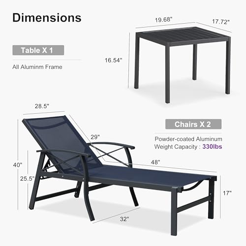PURPLE LEAF Oversized Chaise Lounge Chair Outdoor Set of 2 Extra Wide Pool Lounge Chairs 5 Adjustable Position with Armrests and Side Table Aluminum Patio Lounge Chair for Outside Beach, Deep Blue - color: Deep Blue, size: Oversized