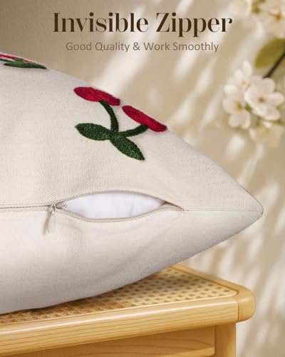 Embroidered Throw Pillow Cover 18x18 Inch - Spring Summer Boho Decorative Pillow Cover with Zipper for Living Room Couch Sofa Bed Aesthetic Design Little Cherry Cushion Pillowcase - color: Little Cherry, size: 18" x 18" (Pack of 1)